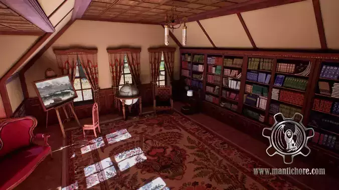 Victorian study room - library interior Low-poly 3D model