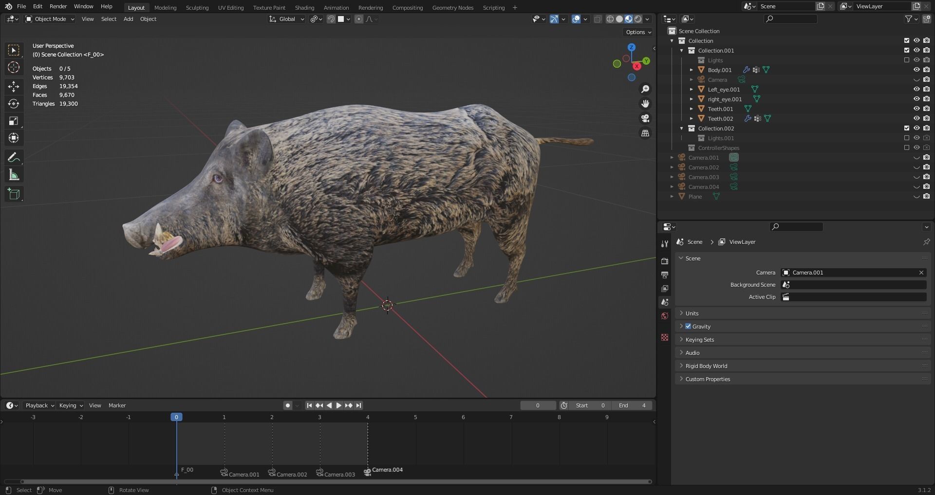 Fur Wild Boar Rigged and Animation in Blender Low-poly 3D model_13