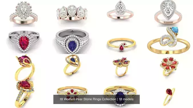 18 Women Pear Stone Rings Collection 