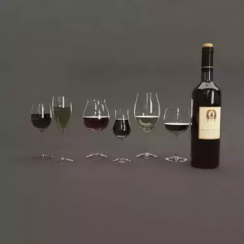 glasses bottle with wine glass 3d model