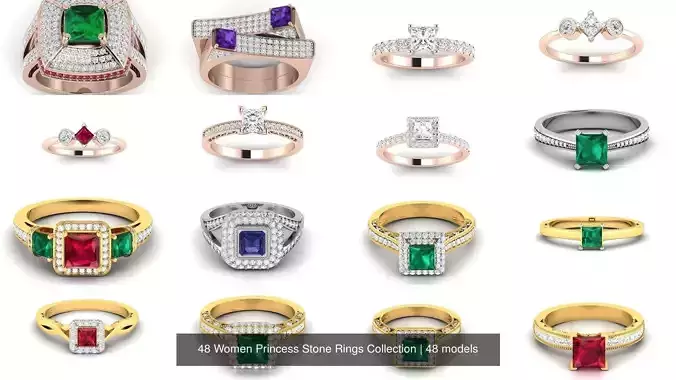 48 Women Princess Stone Rings Collection 
