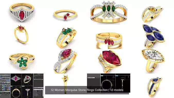 12 Women Marquise Stone Rings Collection 