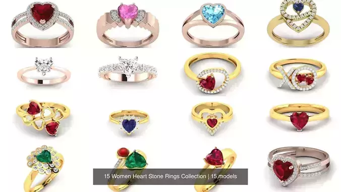 15 Women Heart Stone Rings Collection 