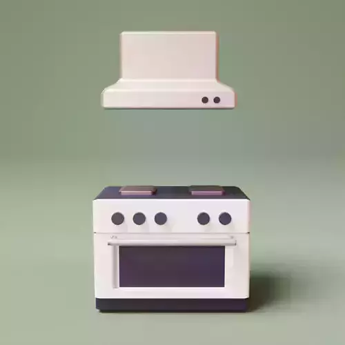 Oven Stove and gas range with hood in Cartoon Style