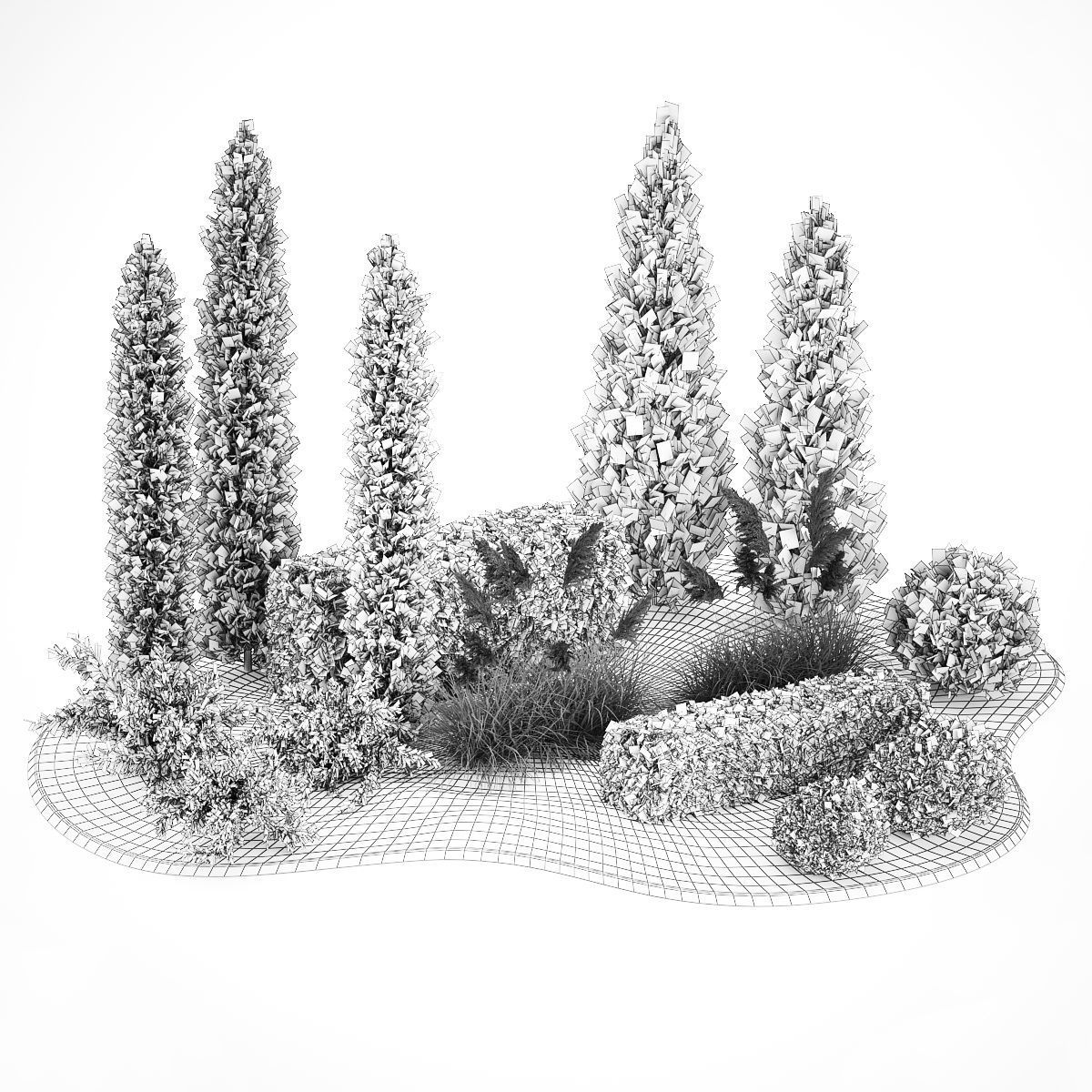 Garden of thuja and cypress trees with pampas grass bushes 1152 3D model_6