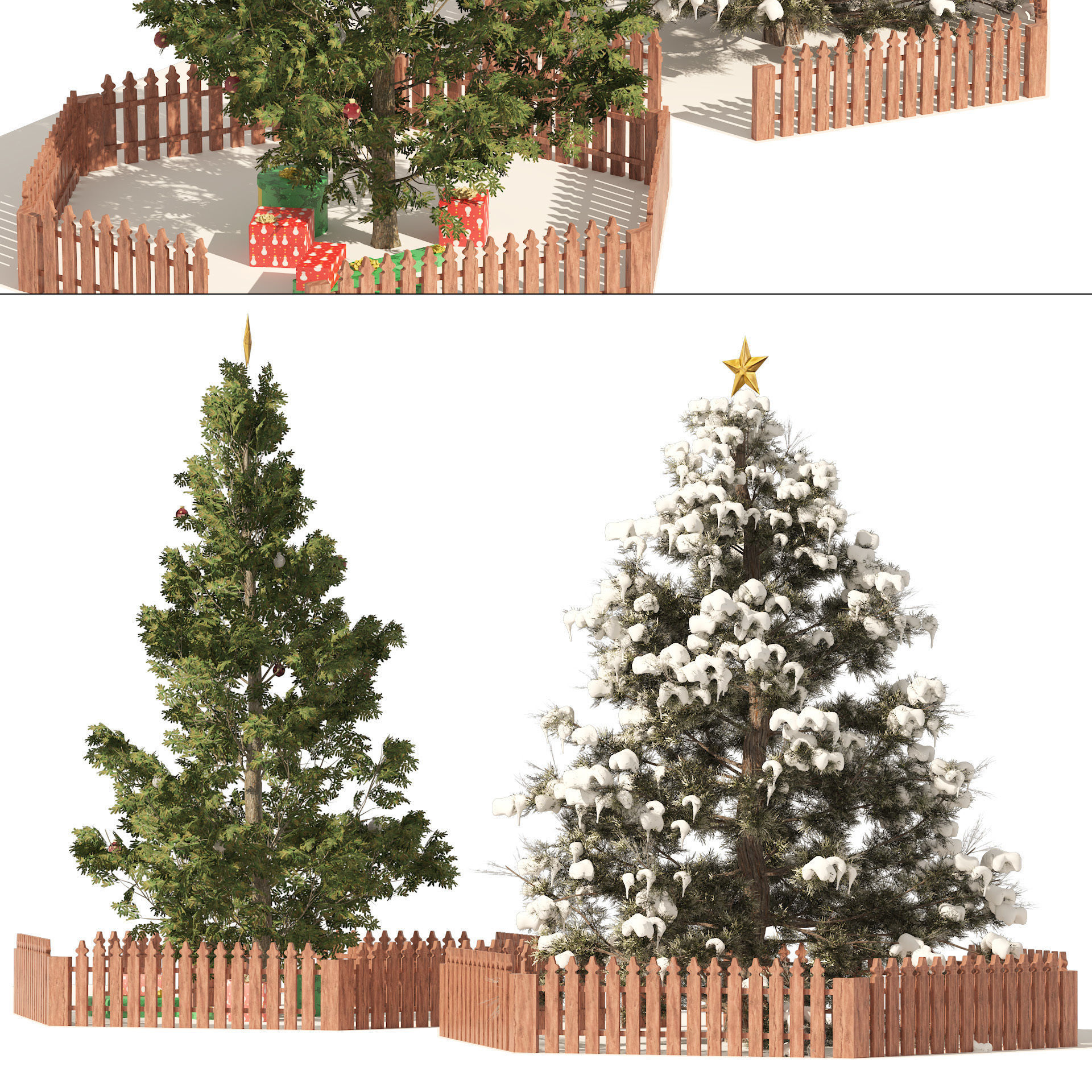 2 outdoor Christmas trees with wood fence 3D model_8