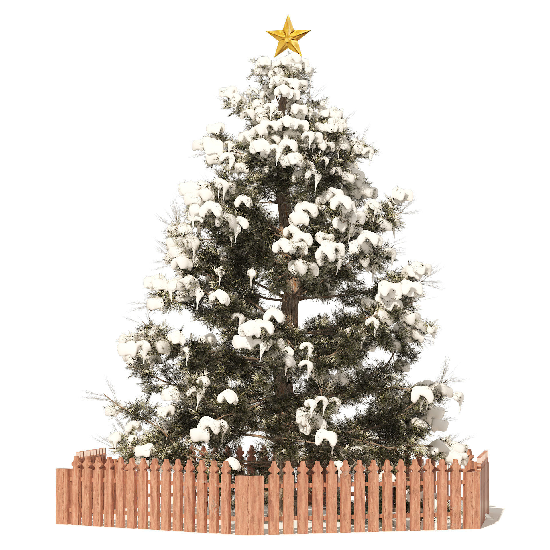 2 outdoor Christmas trees with wood fence 3D model_2