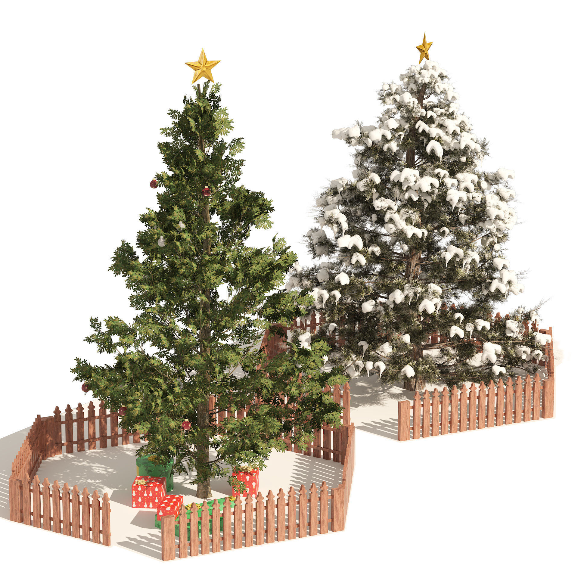 2 outdoor Christmas trees with wood fence 3D model_3