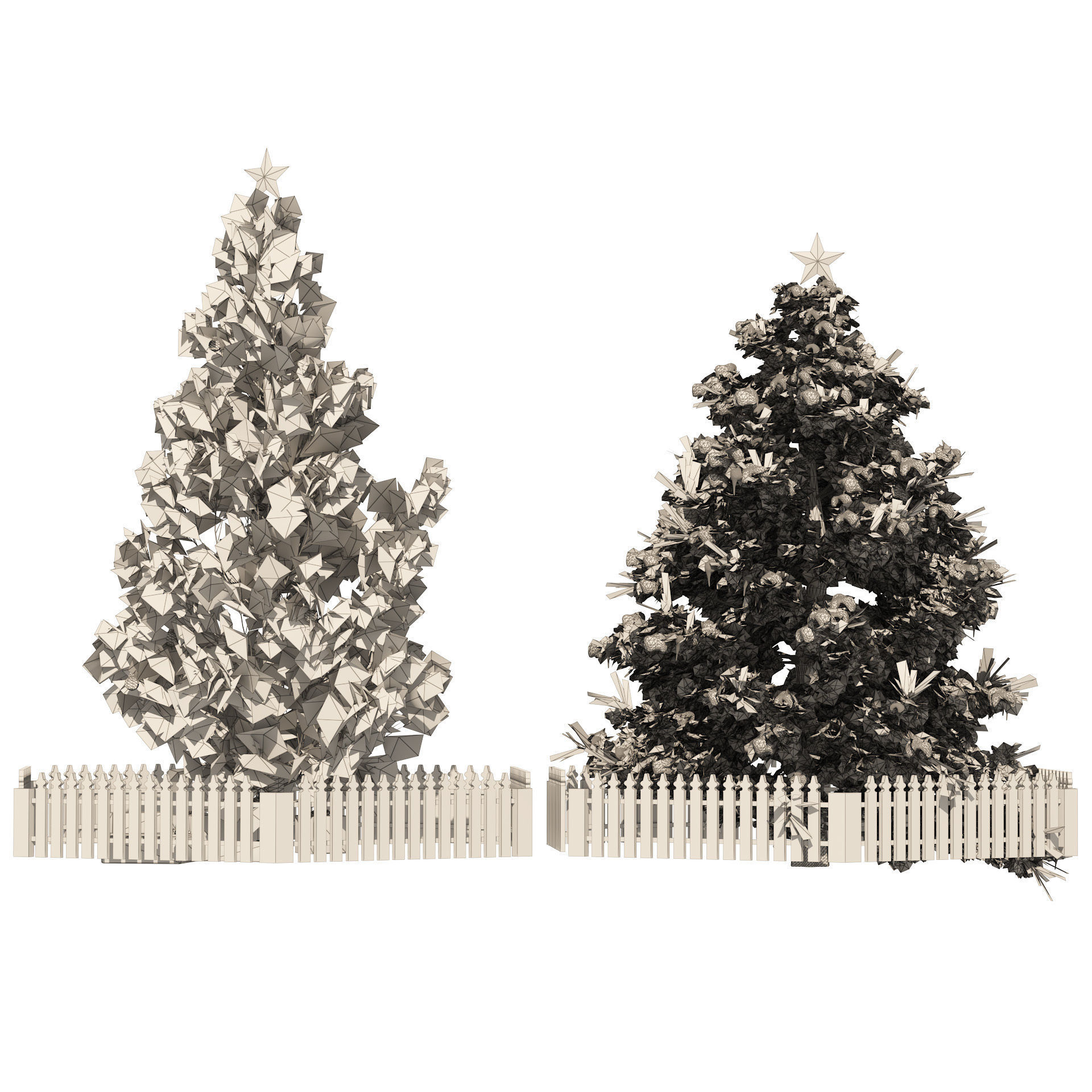 2 outdoor Christmas trees with wood fence 3D model_4