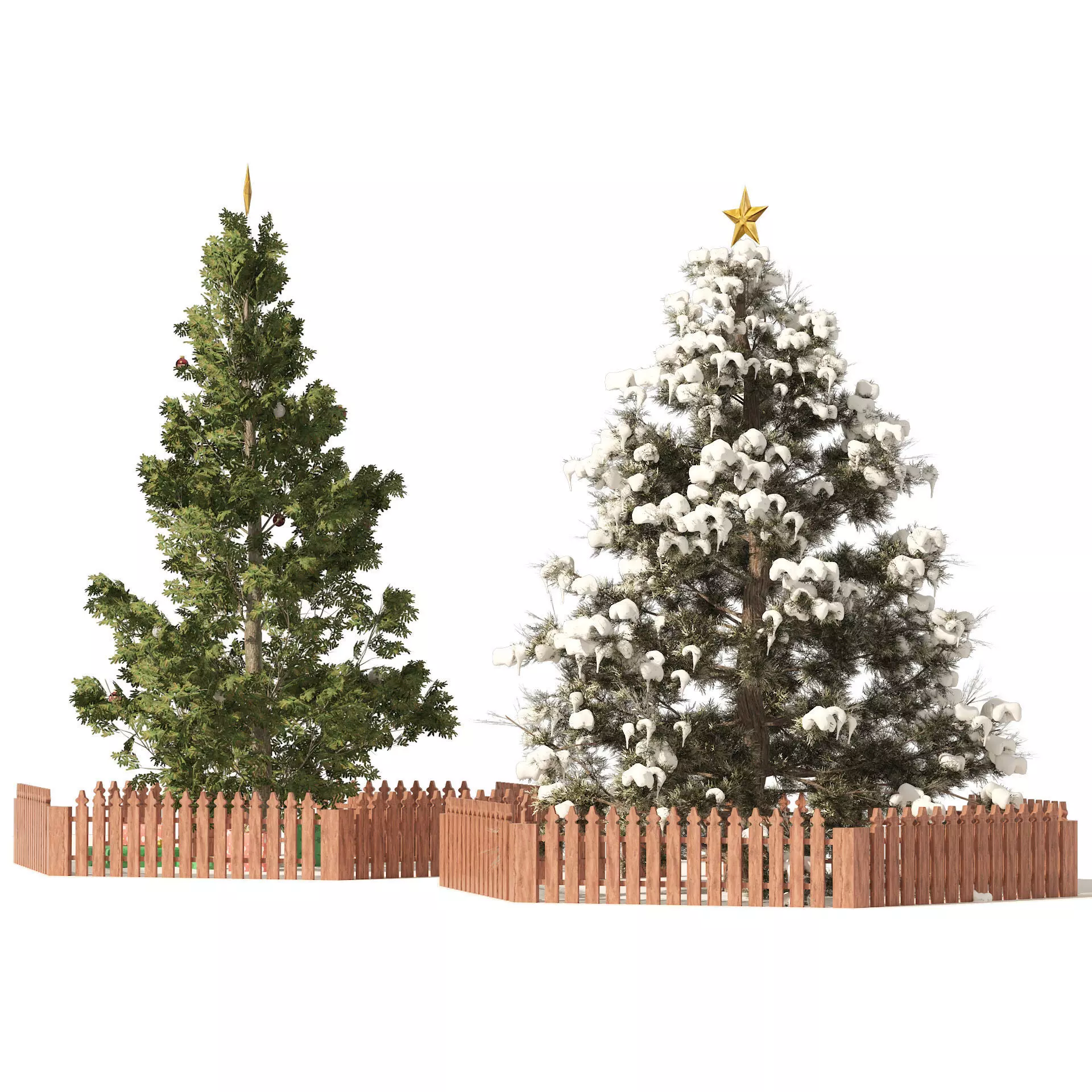 2 outdoor Christmas trees with wood fence 3D model_0
