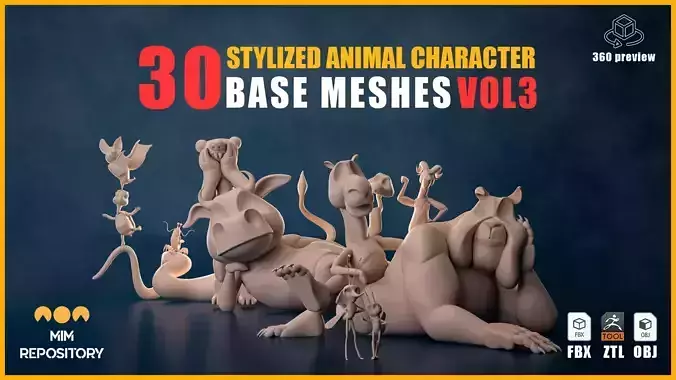 30 Stylized Animal Character Base Meshes - VOL 3 - Update 2025 3D model