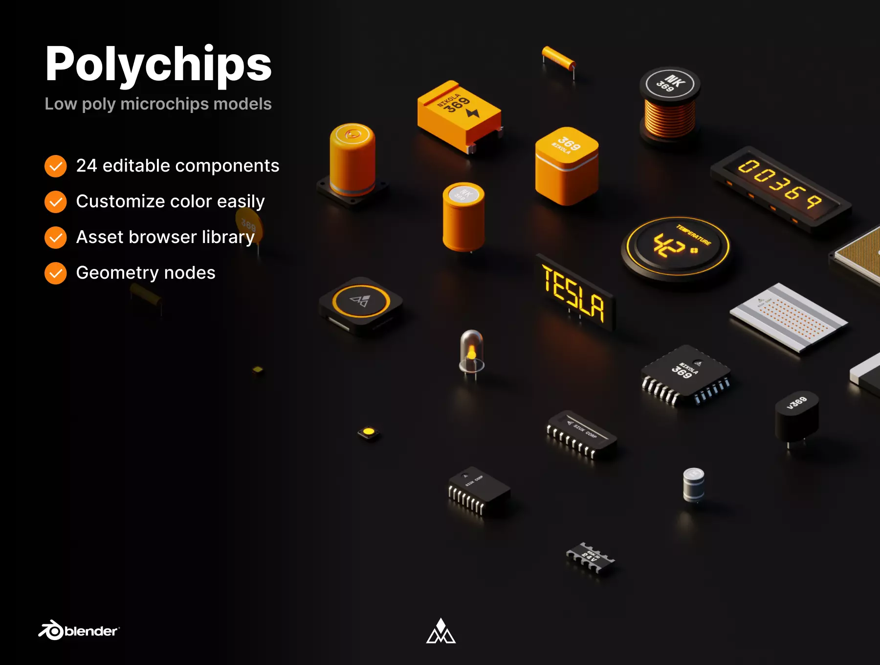 Polychips 3D components and microchips Low-poly 3D model_0