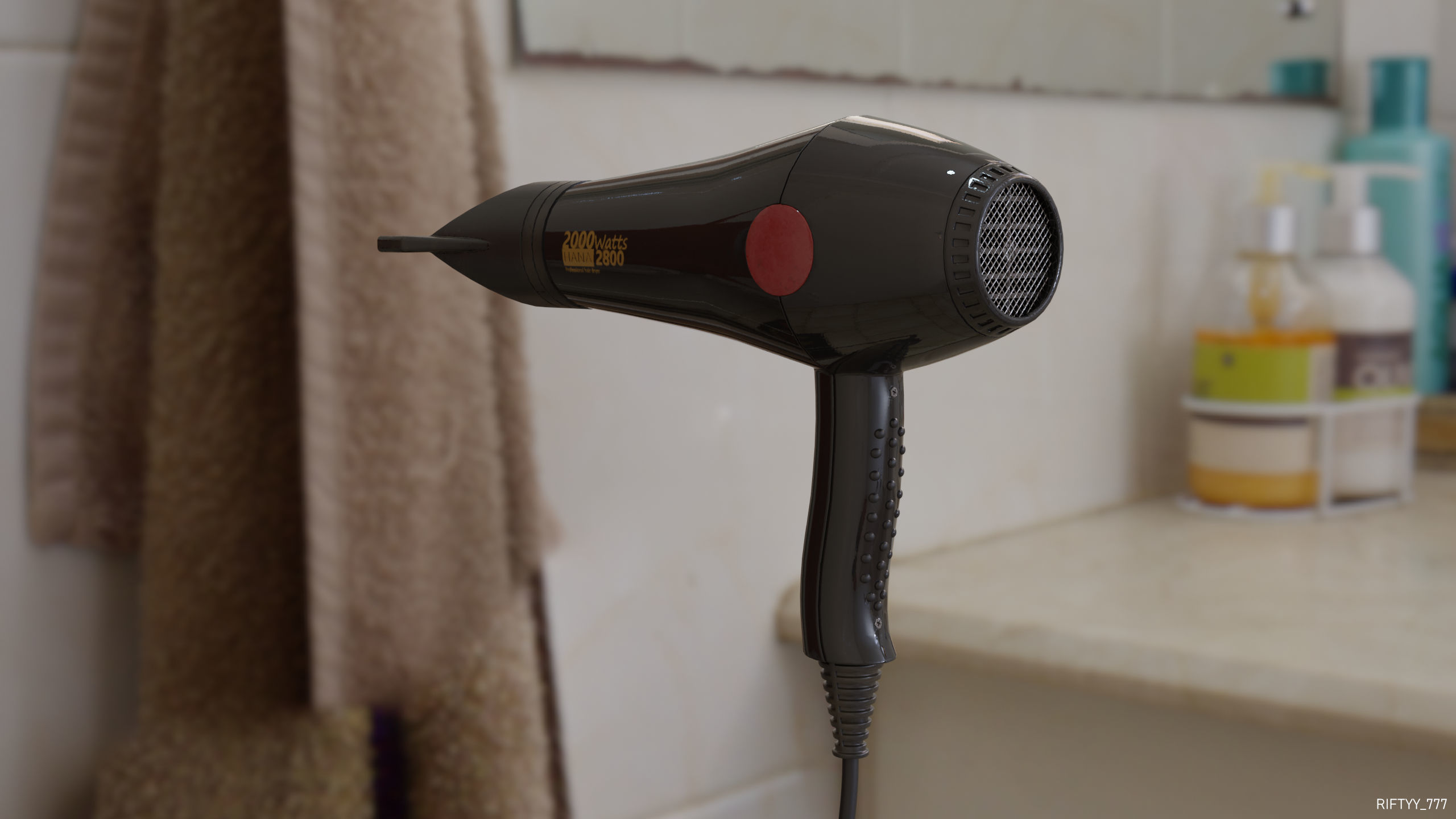 Realistic Hairdryer on wall of bathroom Low-poly 3D model_4