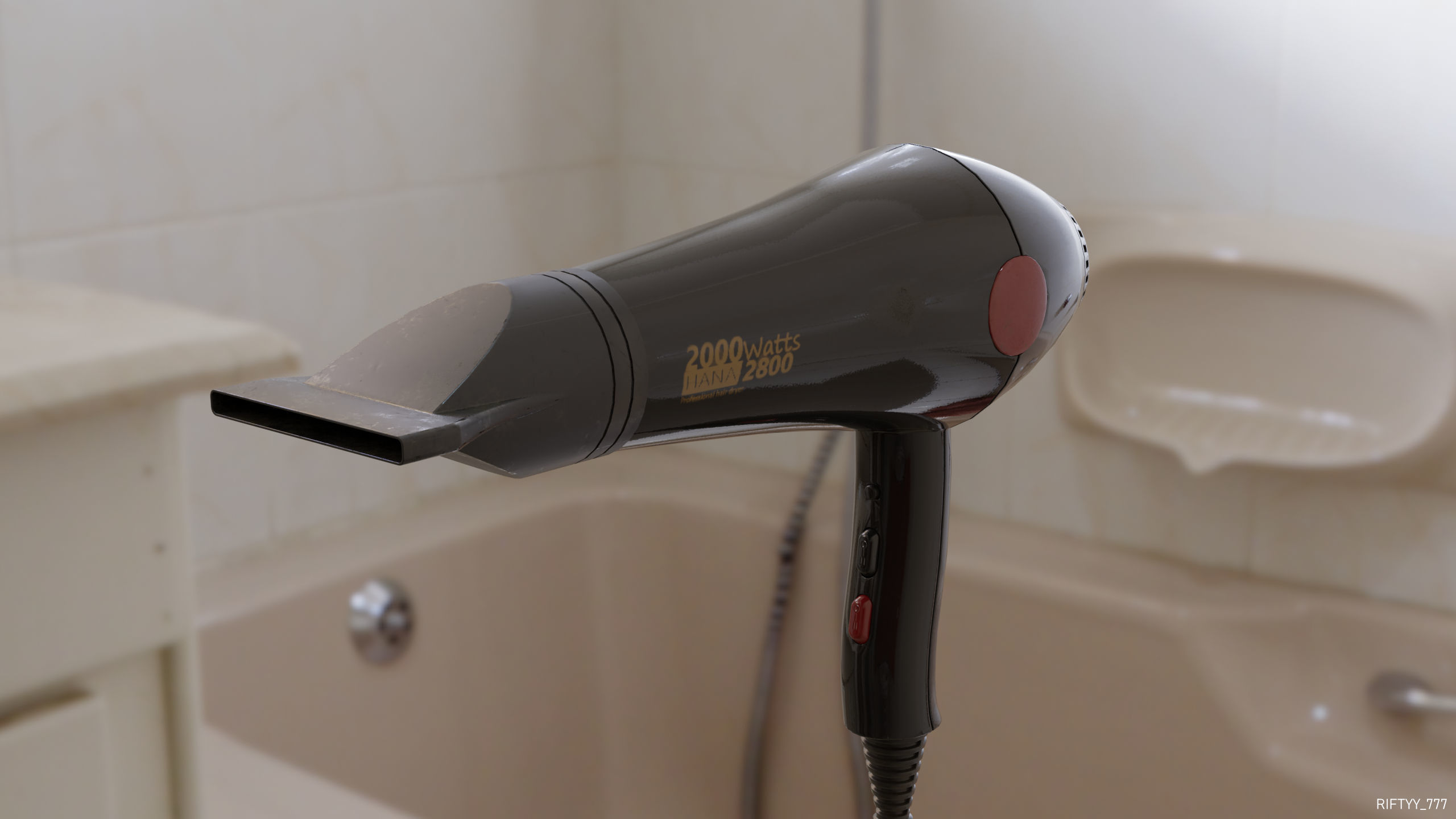 Realistic Hairdryer on wall of bathroom Low-poly 3D model_6