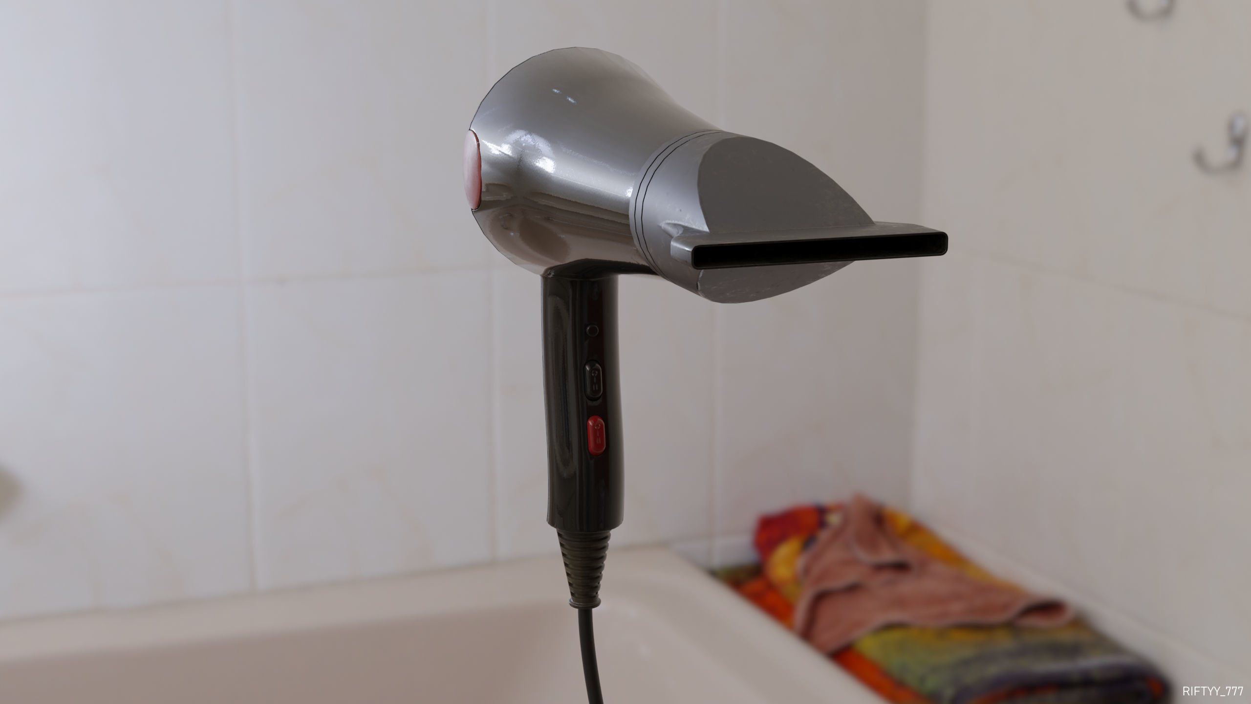 Realistic Hairdryer on wall of bathroom Low-poly 3D model_8