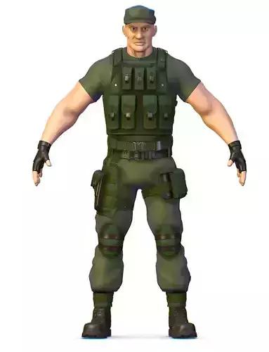 High Poly Man Soldier in Green Armor Camouflage