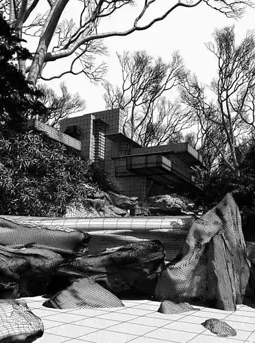 Modern House In The Forest With Waterfall
