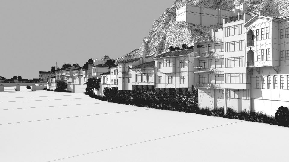 Building Block Near Water And Mountains 3D model_1