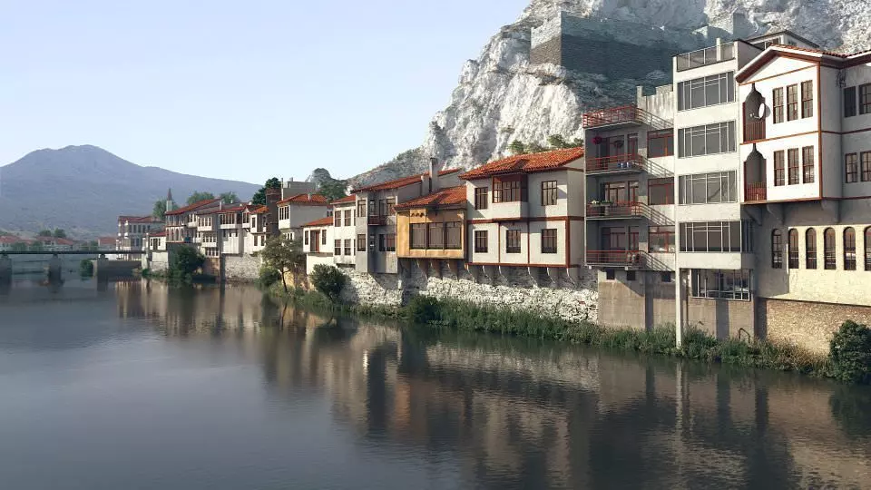 Building Block Near Water And Mountains 3D model_0