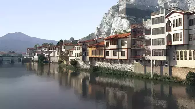 Building Block Near Water And Mountains