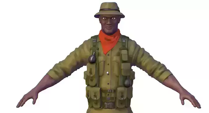 High Poly Black Man Soldier Green Armor
