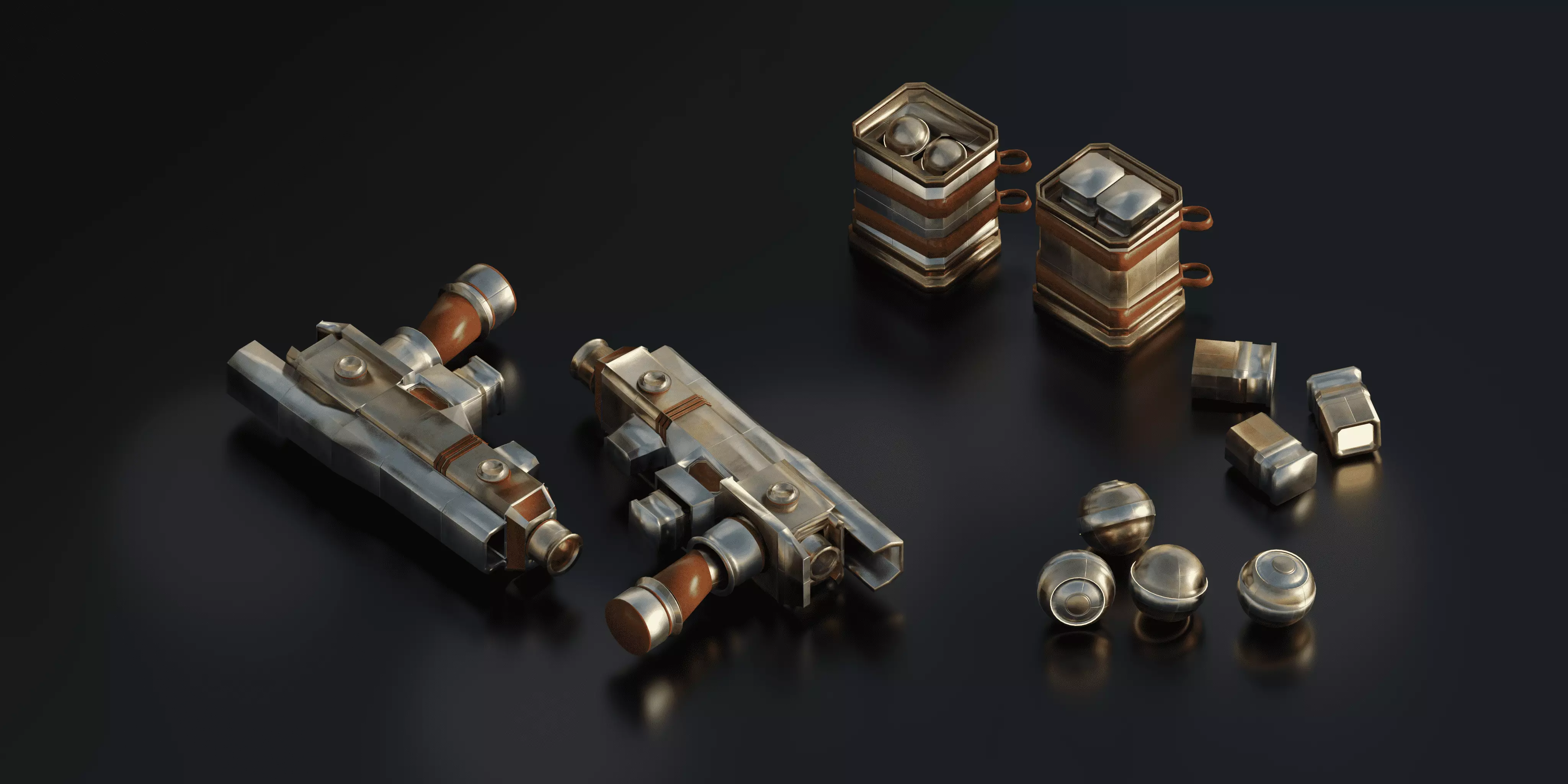 Retro Sci fi blaster grenade ammo box props pack Low poly PBR Low-poly 3D model