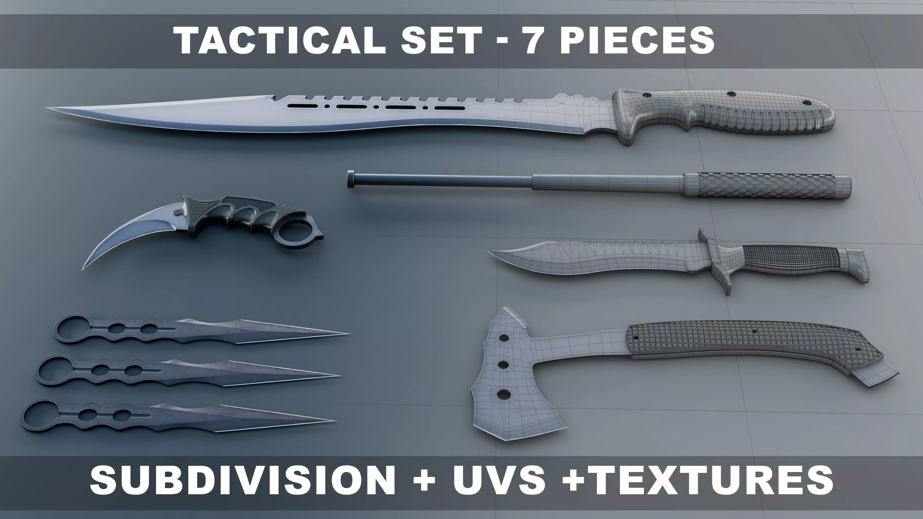 Tactical Knife Set - 6 Pieces 3D model_0