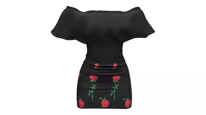Ruffled Off Shoulder Roses Print Mini Skirt Black Dress