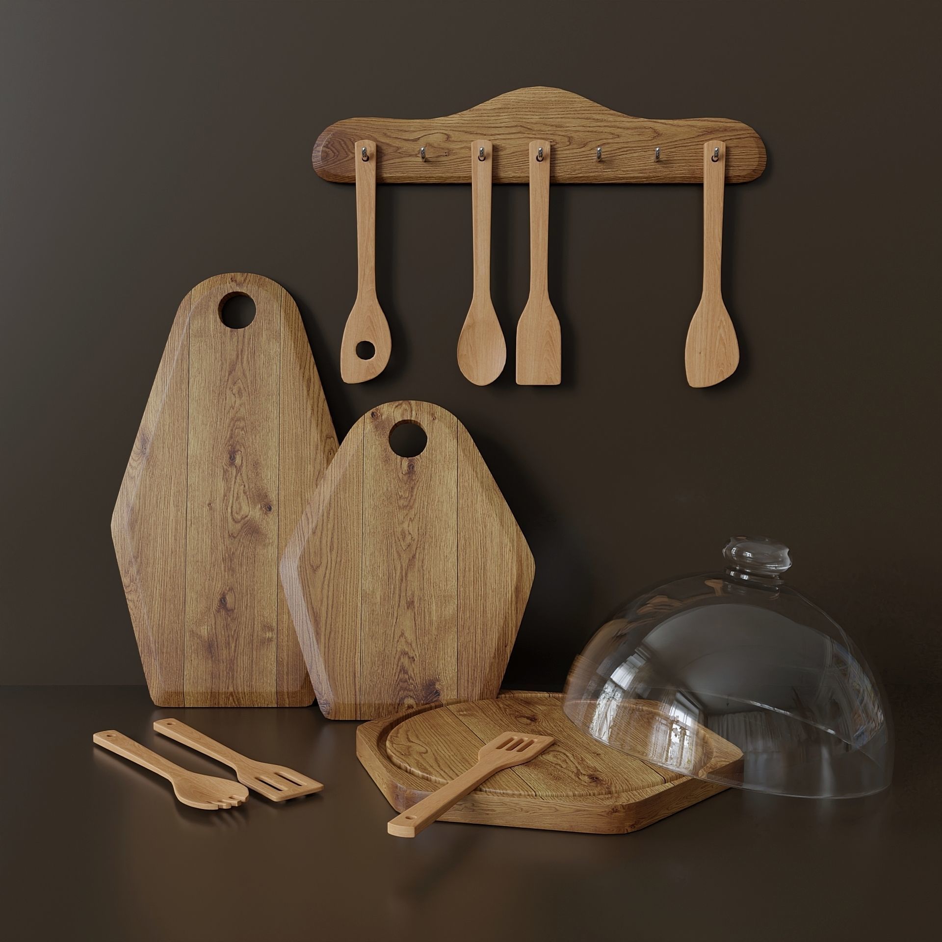 Set of wooden kitchen utensils 2 3D model_1