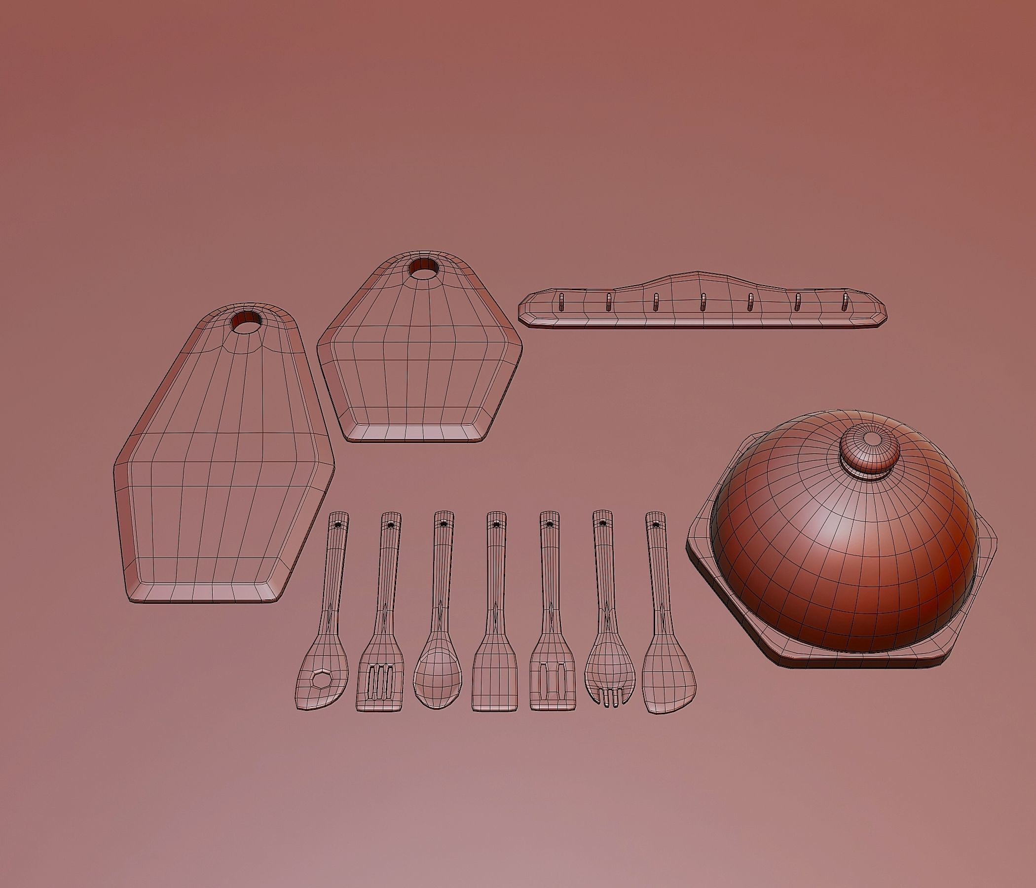 Set of wooden kitchen utensils 2 3D model_4