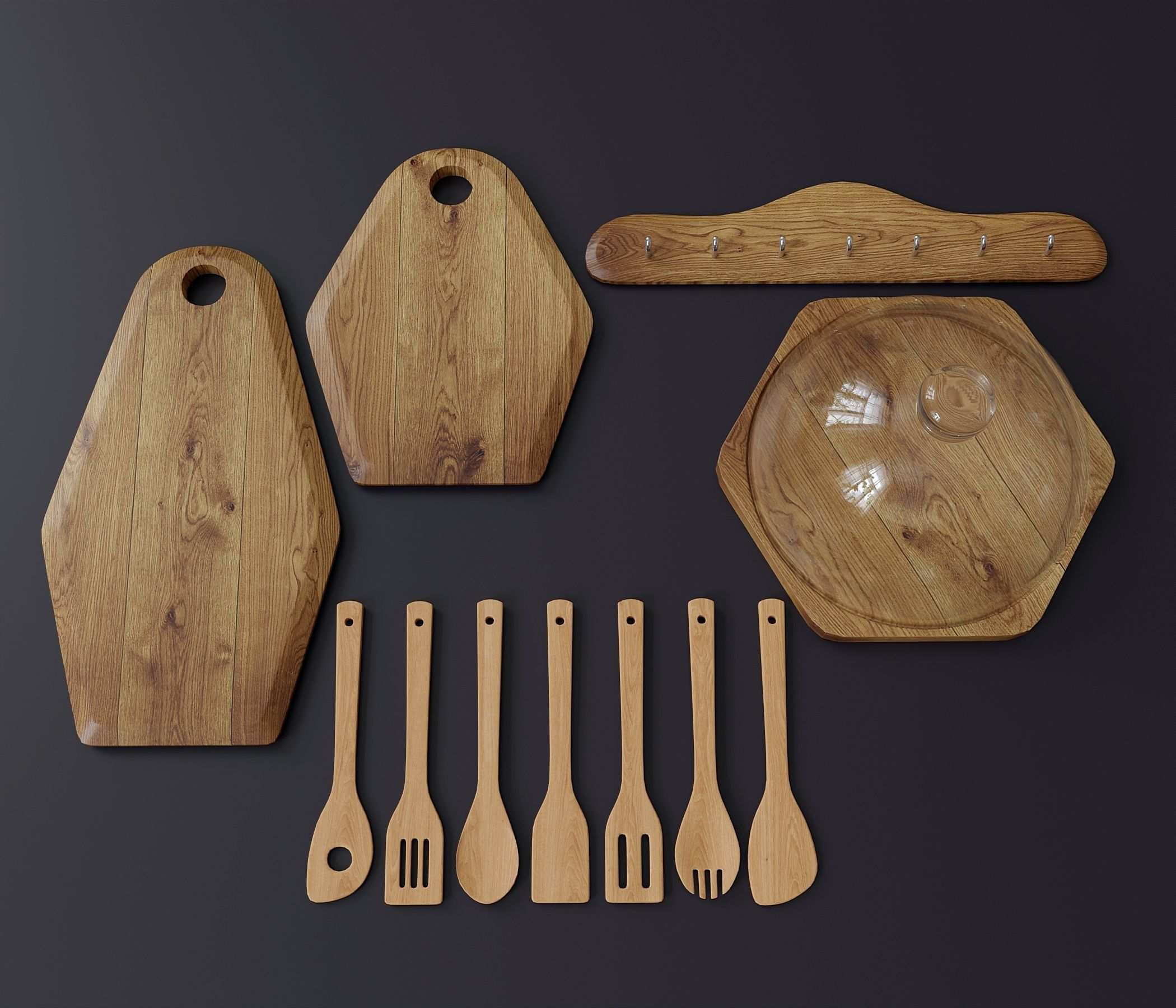 Set of wooden kitchen utensils 2 3D model_2