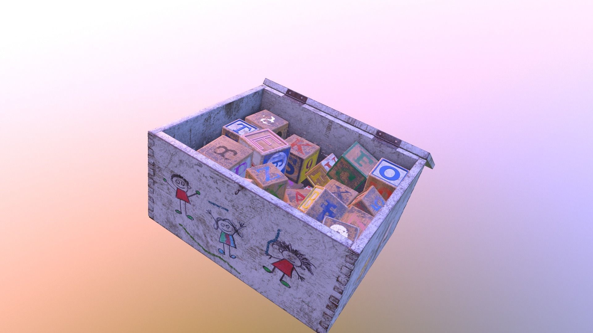 Old Wooden Kubkid Blocks And Box 3D model_8