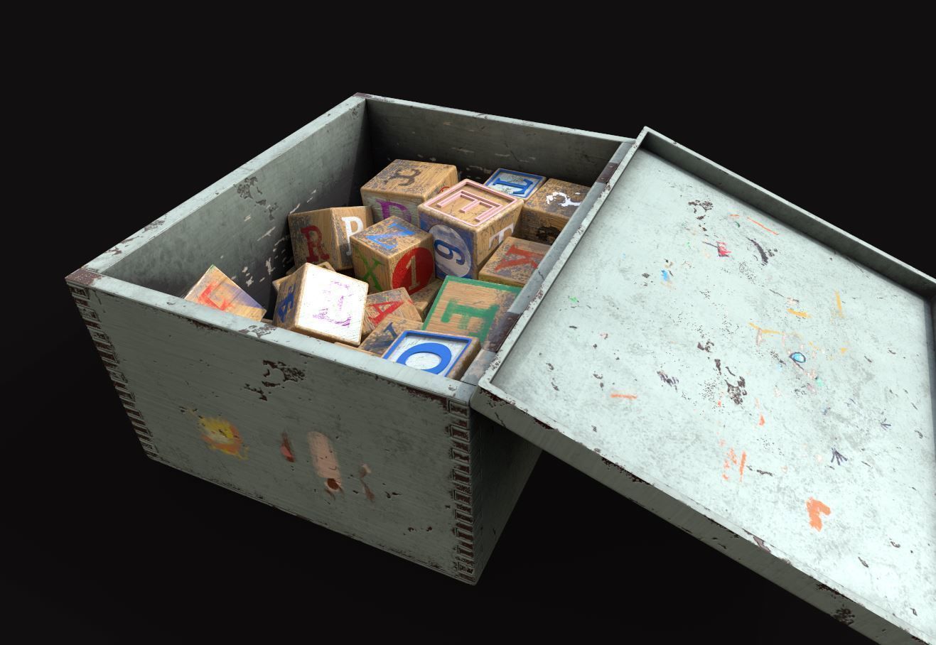 Old Wooden Kubkid Blocks And Box 3D model_11