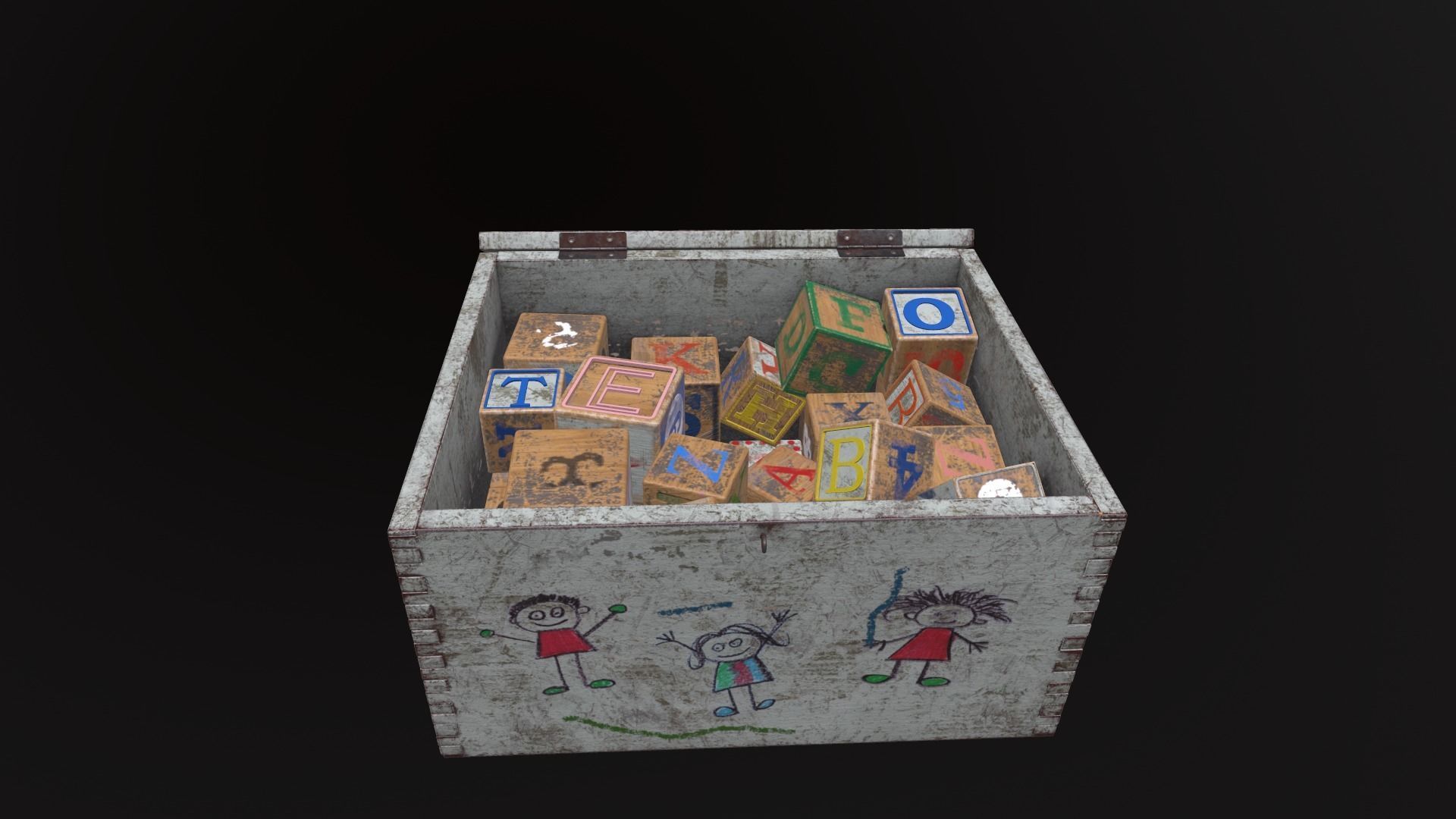 Old Wooden Kubkid Blocks And Box 3D model_2