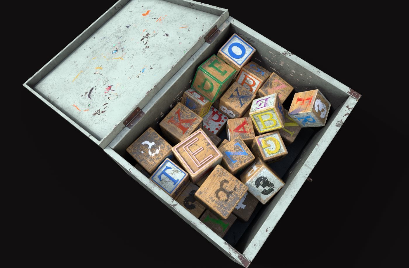 Old Wooden Kubkid Blocks And Box 3D model_7