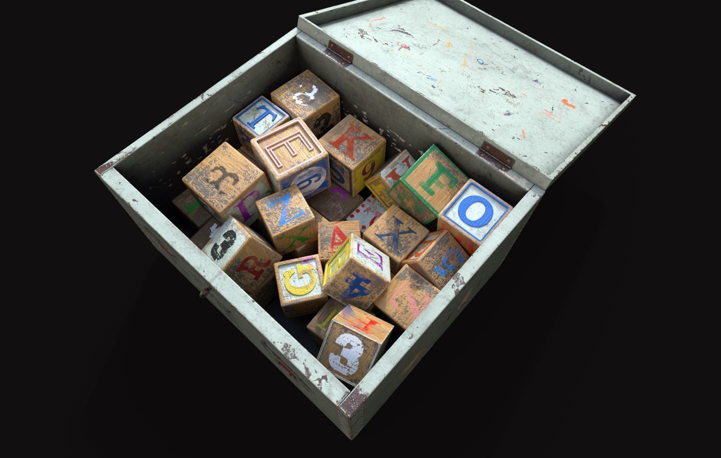 Old Wooden Kubkid Blocks And Box 3D model_5