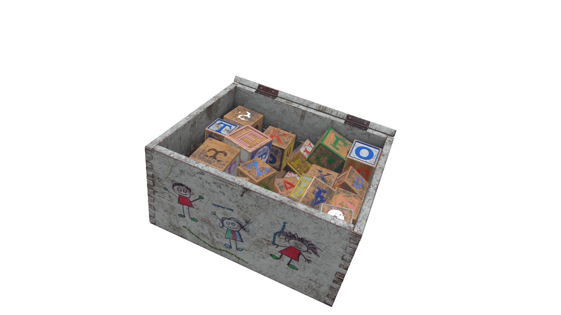 Old Wooden Kubkid Blocks And Box 3D model_4