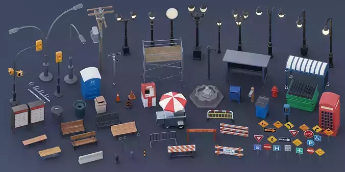 Stylized City Accessories Kit 3D model