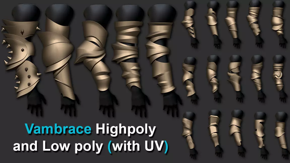 Vambrace Highpoly and Lowpoly With UVs Vol 3 Low-poly 3D model_0
