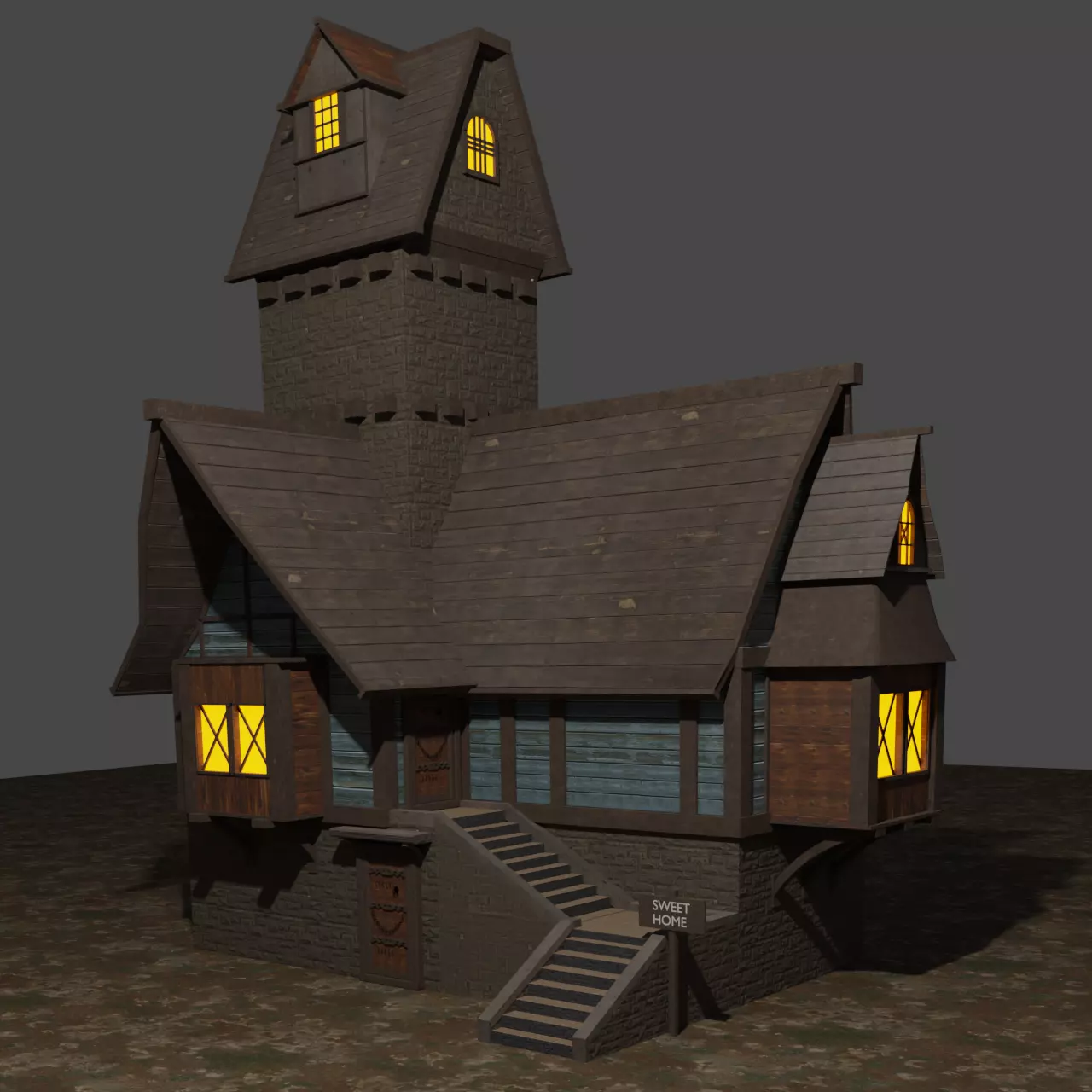 Medieval House Wood and Bricks Tower House Exterior 3D model