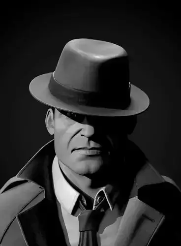 Detective bust of man wearing hat and coat Low-poly 3D model