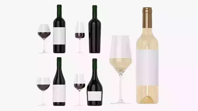 Wine bottles with glass for mockup 3D Model Collection