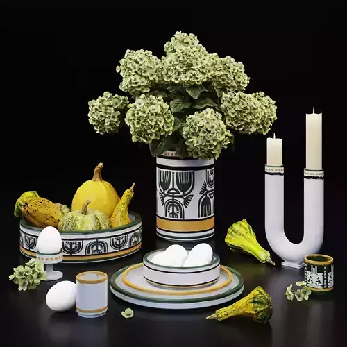 Ethno Tableware and Green Hydrangea 3D model
