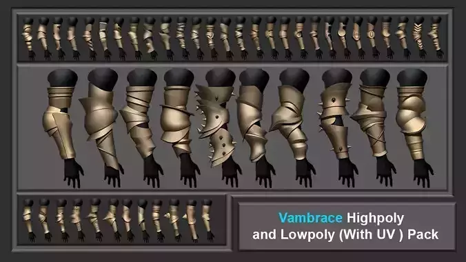 50 Vambrace Highpoly and Lowpoly pack With UVs Low-poly 3D model