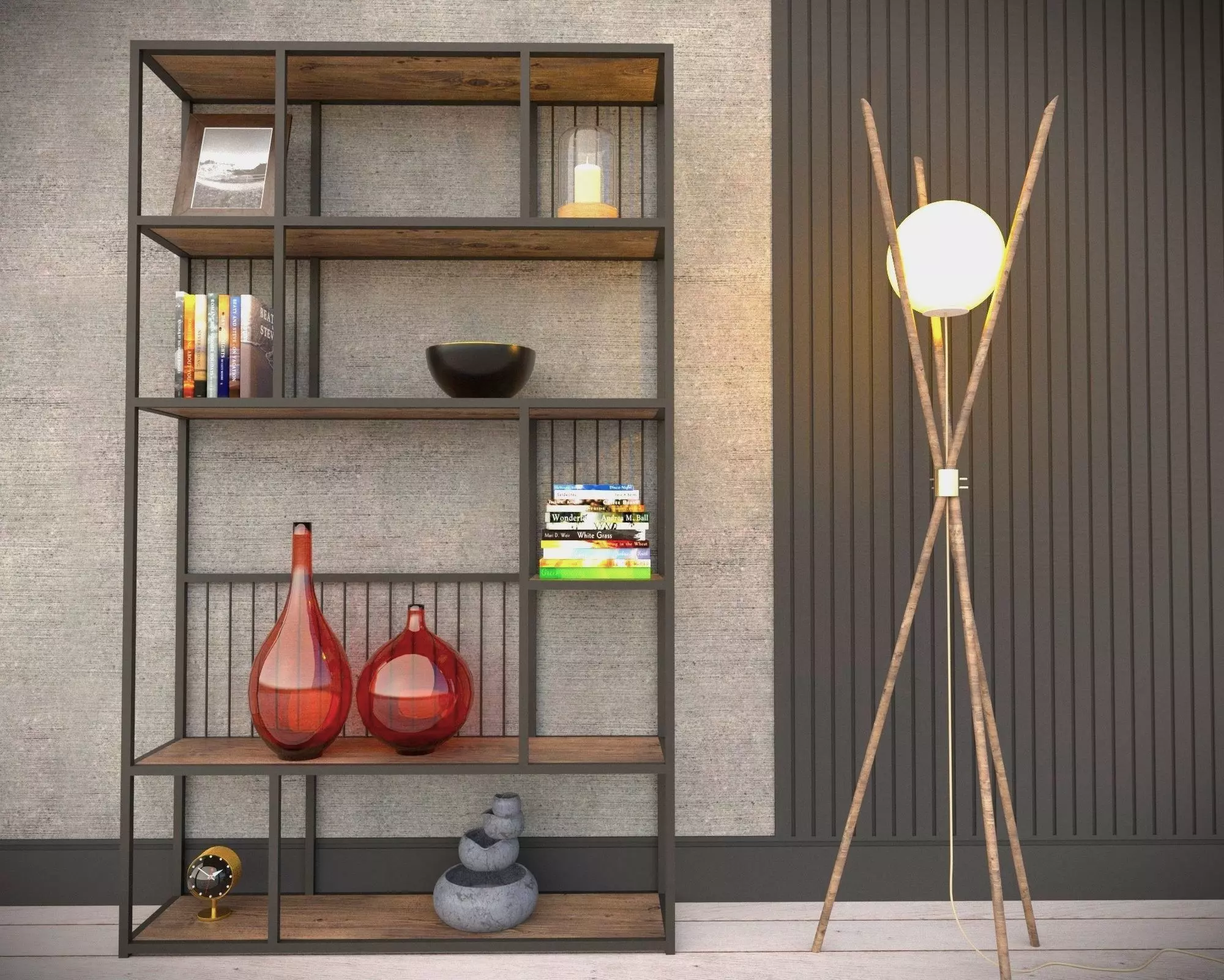 Kitaplik wooden bookcase with lamps and vases 3D model