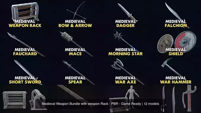 Medieval Weapon Bundle with weapon Rack - PBR - Game Ready 3D Model Collection