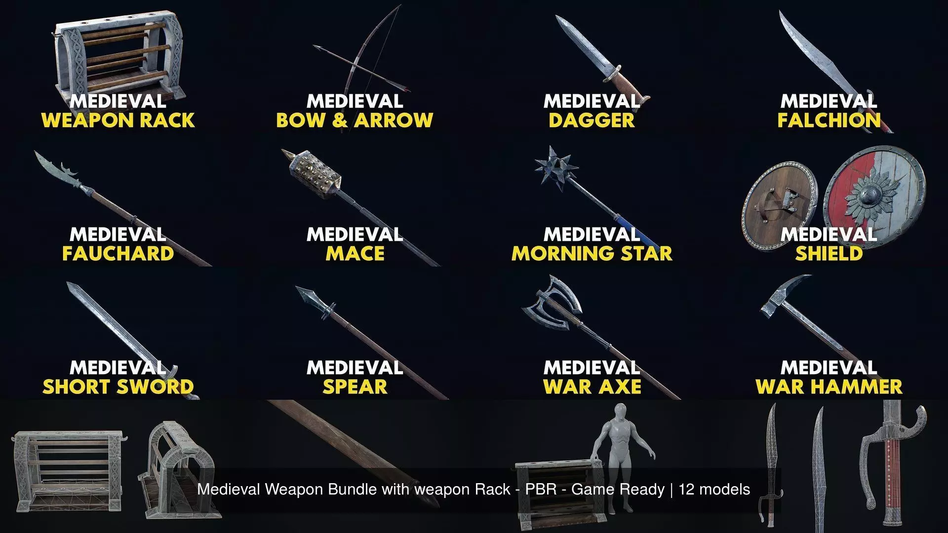 Medieval Weapon Bundle with weapon Rack - PBR - Game Ready 3D Model Collection_0