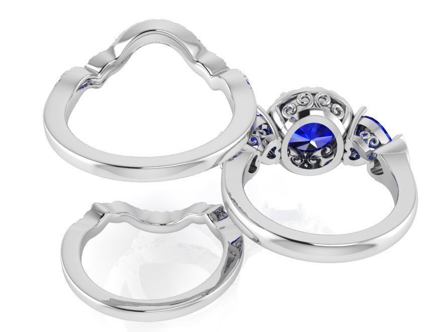 Blue 3-stone diamond ring with 2-bands 3194 3D print model 3D print model_3