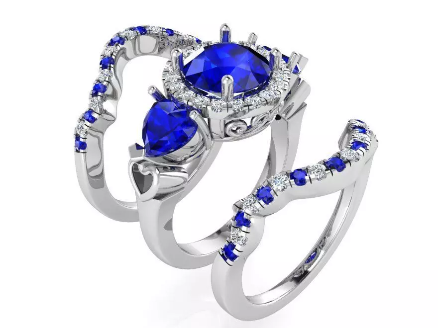 Blue 3-stone diamond ring with 2-bands 3194 3D print model 3D print model_0