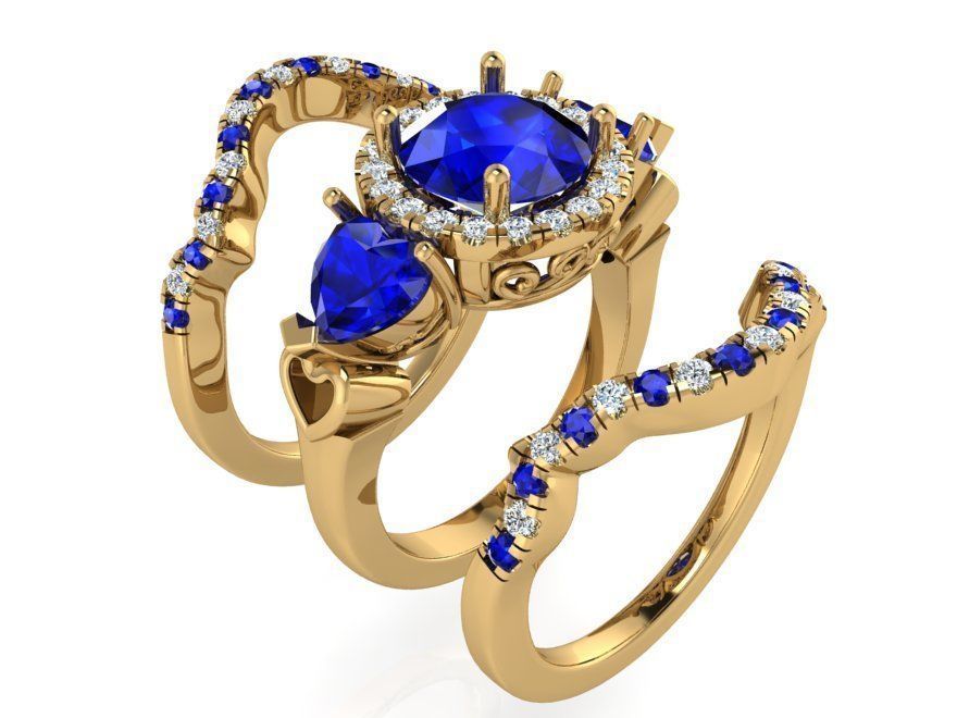 Blue 3-stone diamond ring with 2-bands 3194 3D print model 3D print model_1